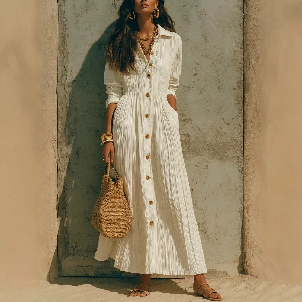 Women's Elegant Shirt Maxi Dress Lapel Long Sleeve Button Front Pleated Textured Casual Vacation Loose Plus Size Ladies Dress