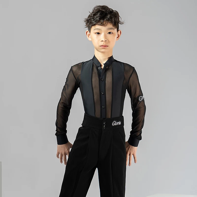 Mesh Latin Dance Shirt Boys Ballroom Practice Wear Tango Clothing Stage Costume Modern Dancing Outfit Salsa Dancewear DL9691