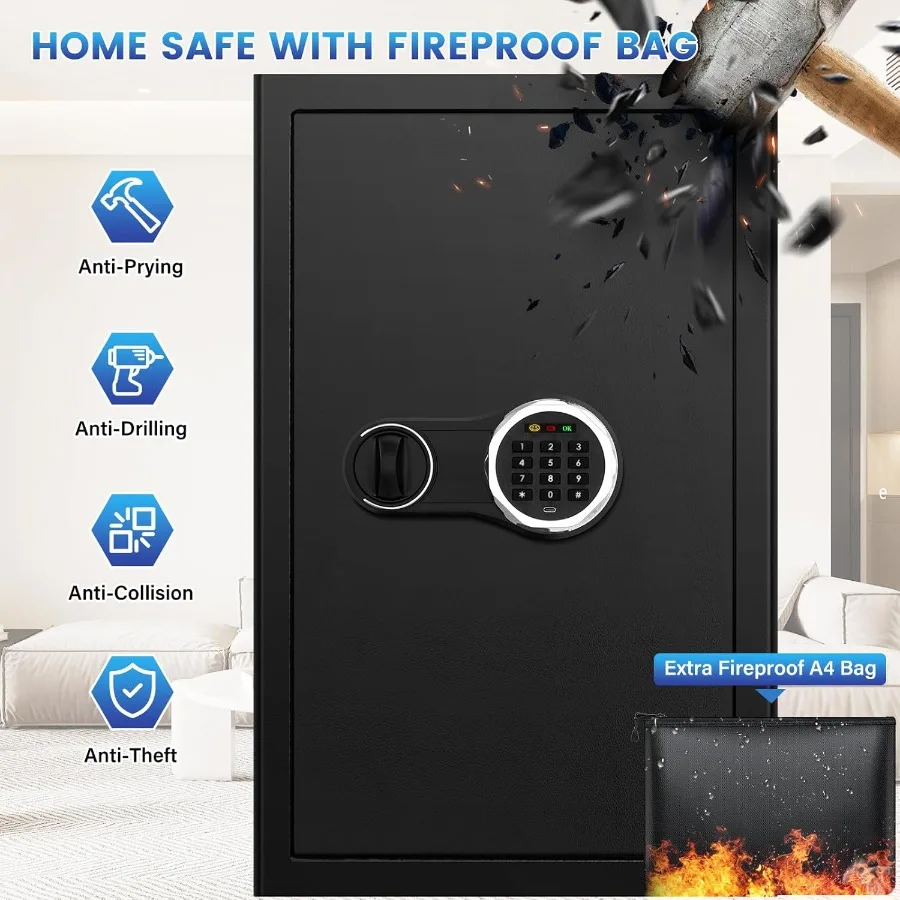 Large Safe Box with Fireproof Document Bag for Home Security: 4.5 Cubic Feet Personal Safe Featuring Backlit Keypad AntiTheft P