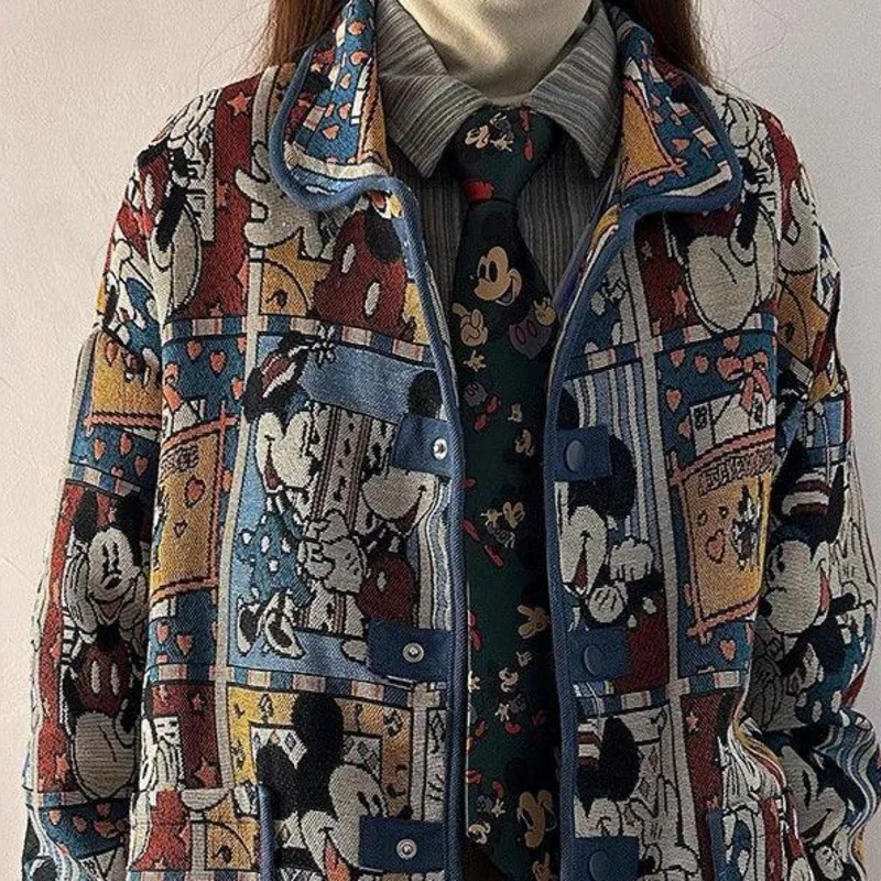 Disney Mickey Cute Cartoon Jacquard Jacket Women Autumn American Style Vintage Loose Coat Unique Design Trendy Versatile Jacket