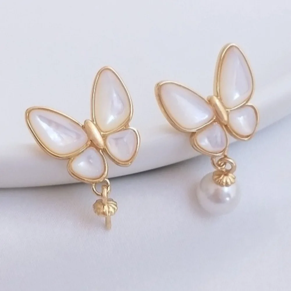 

Natural Sea Color Shell Butterfly Stud Earrings Hanging Sheep's Eye Pearl Holder Earrings 14K Gold-packed DIY Accessories