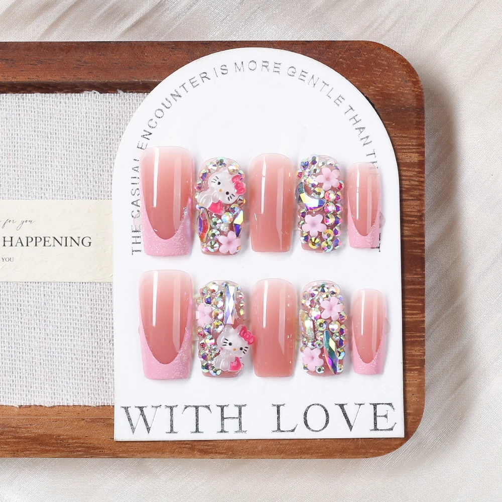 24Pcs Y2K Cartoon Glitter Pink False Nails HelloKitty Press On Nails with Rhinestone/Five-petal Flower French Deisgn for Wedding