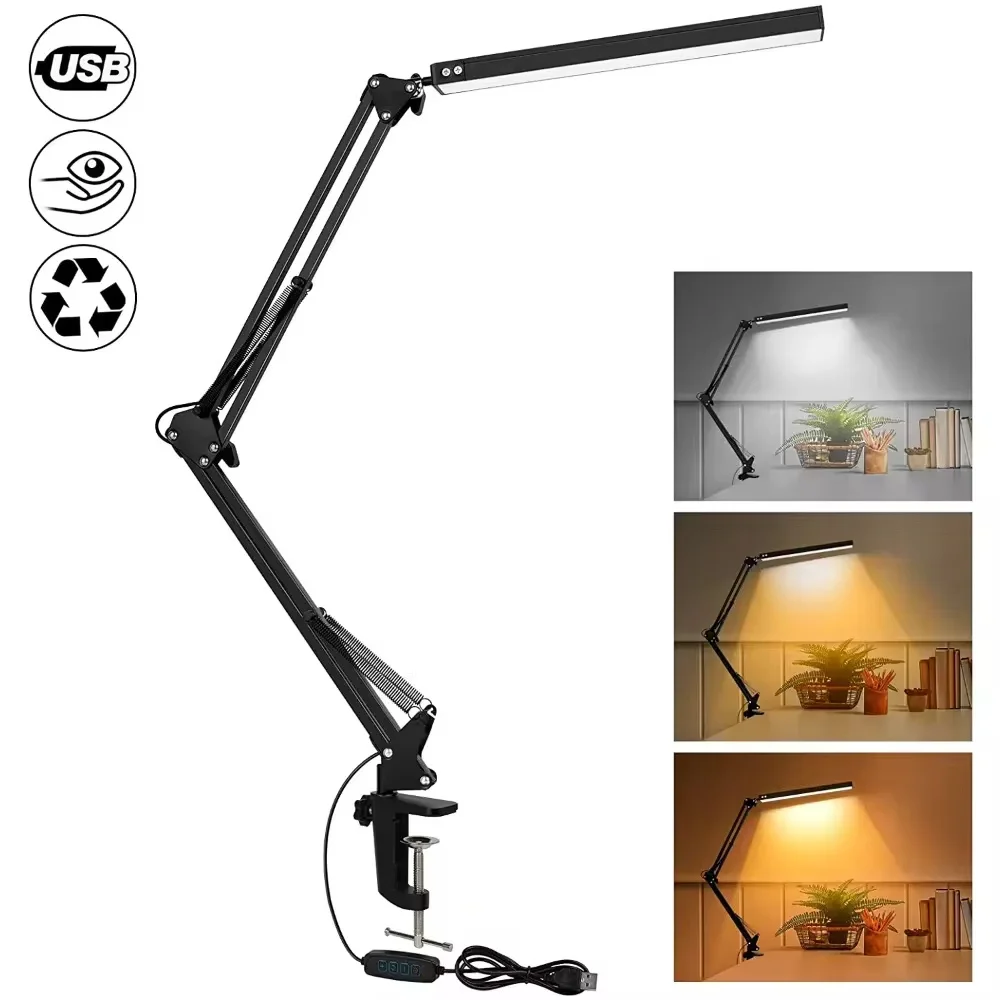 LED Desk Lamp Eye-Caring Adjustable Swing Arm Table Light 3 Color Modes 10 Brightness Levels for Home Office