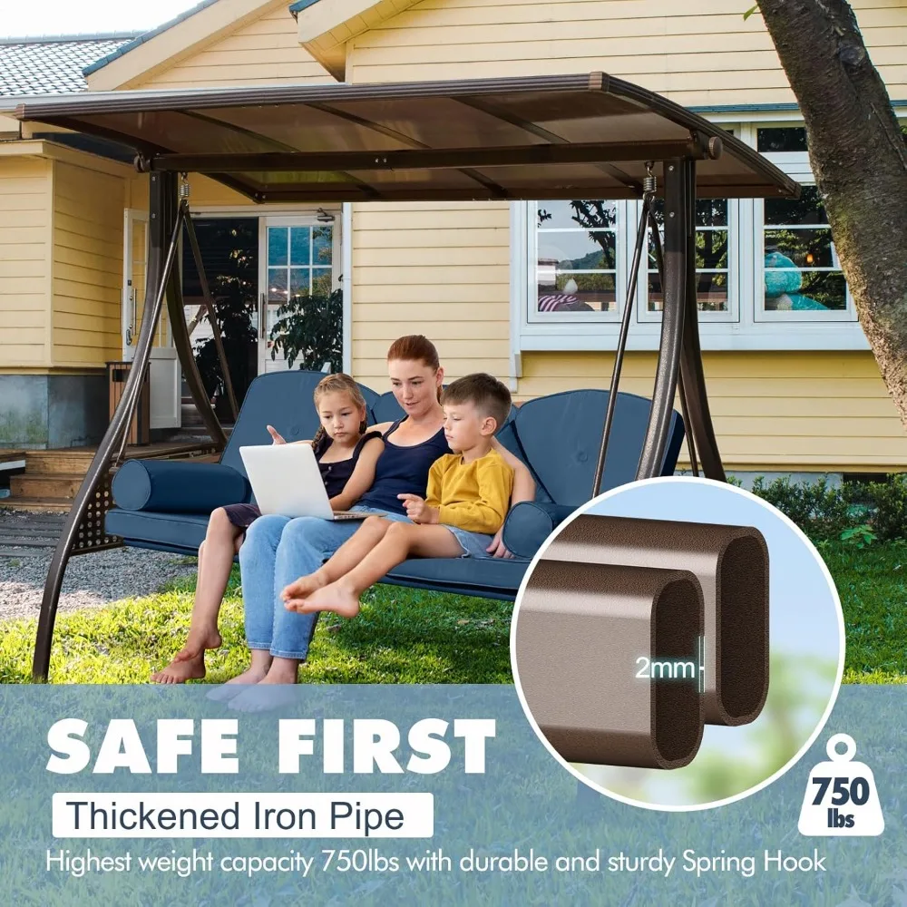 أرجوحة الشرفة الخارجية 3 في 1 قابلة للتحويل مع سطح صلب قابل للتعديل ووسادة سميكة للبالغين