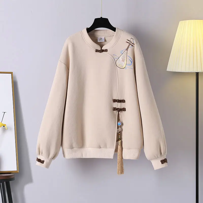 Autumn Winter Women\'s Clothing Lantern Long Sleeve Geometric Embroidery Tassel Round Neck Chinese Style Elegant Stylish Bow Tops