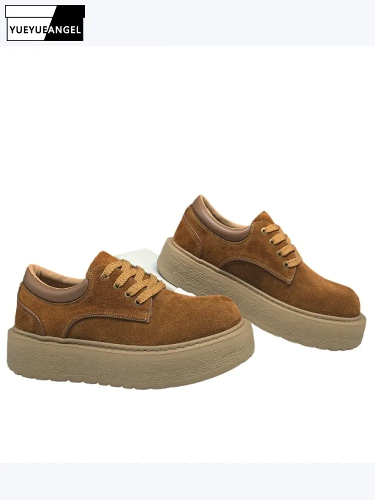 

Hot Sale Cow Suede Men Casual Shoes Thick Soled Height Increasing Sneakers Round Toe Lace-Up Low Cut Footwear Autumn Spring