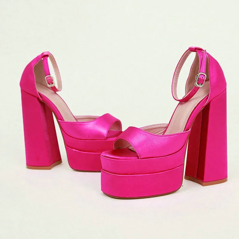2024 Summer New Products Square Head Hollow Thick Heel Satin High Heel Fish Mouth Women's Shoes Plus Size Catwalk Sandals Trend