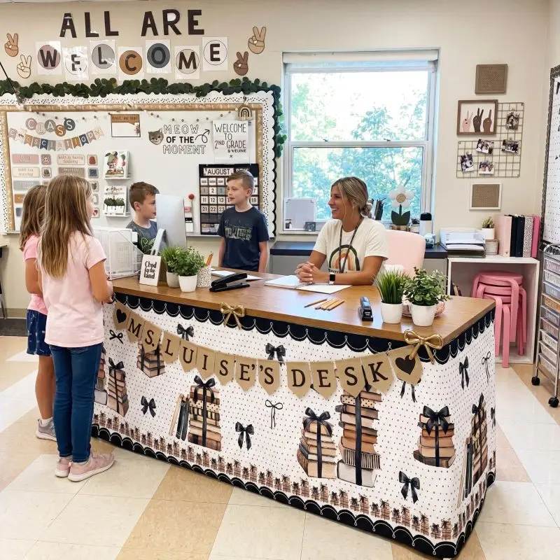 VIKAMA Back to School Black Bow Book Desk Skirt Polka Dot Print Fabric Teacher Classroom Table Cover Decor Table Skirting