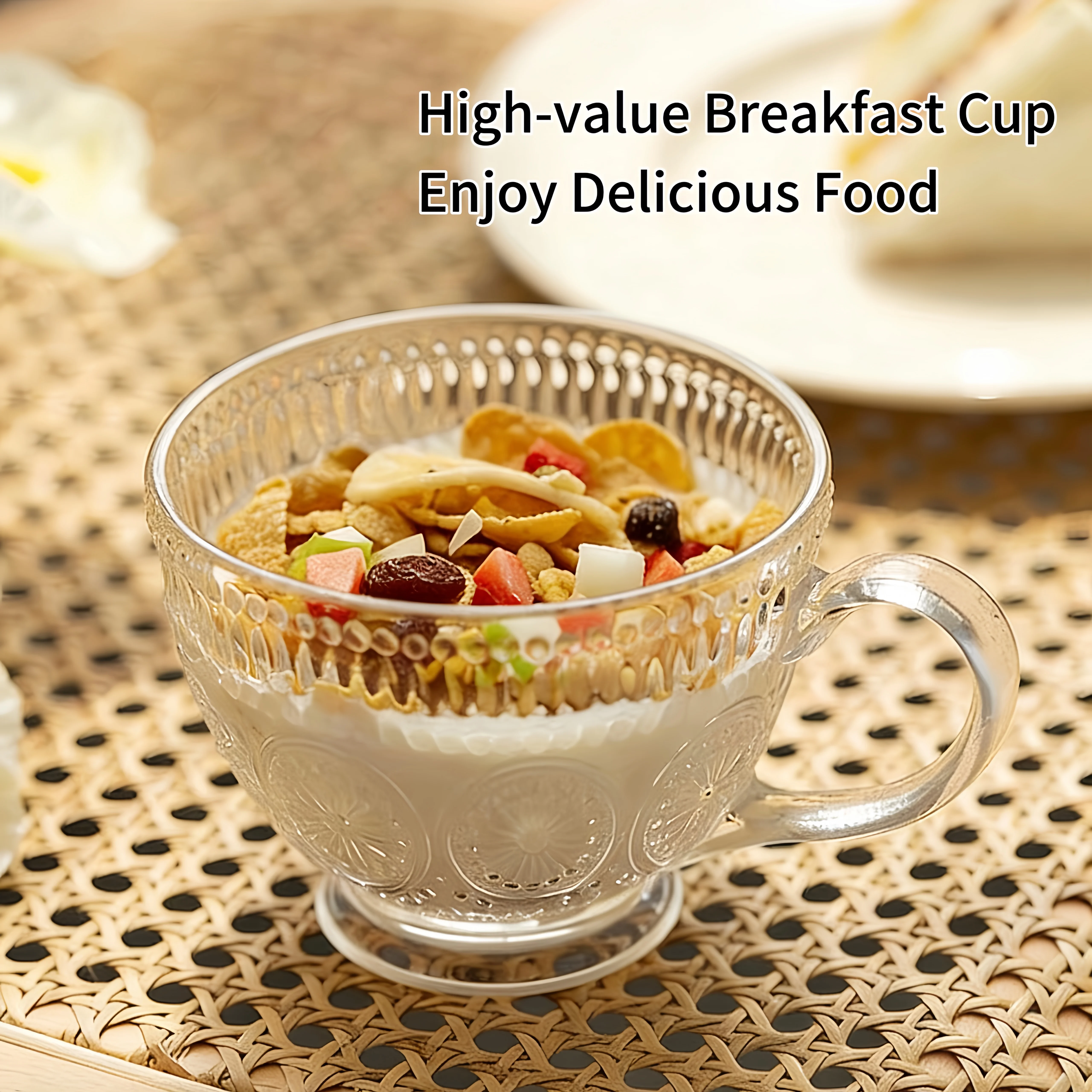 Embossed sunflower glass bowl with handle, high-foot breakfast oatmeal dessert bowl