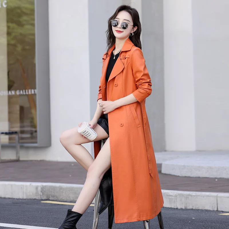 Chaqueta de cuero PU para mujer, abrigo nuevo a la moda para primavera y otoño, Chaqueta larga con doble botonadura, abrigo de cuero de oveja, prendas de vestir exteriores de gamuza