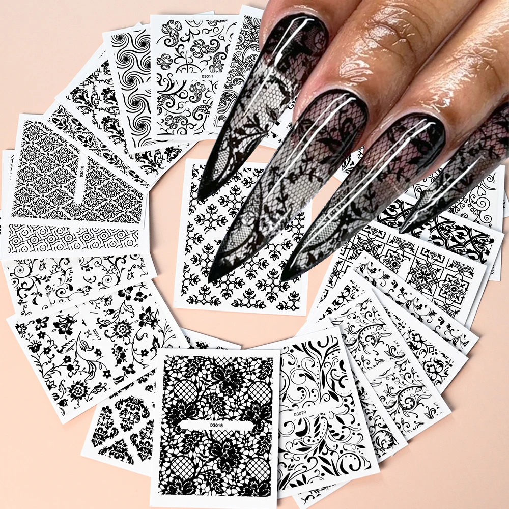 30pcs Black Lace Flower Geometric Nail Art Stickers Rose/Bellflower/Vine Lace Flower Sliders 6X5cm Hollow Lace Floral Nail Decal