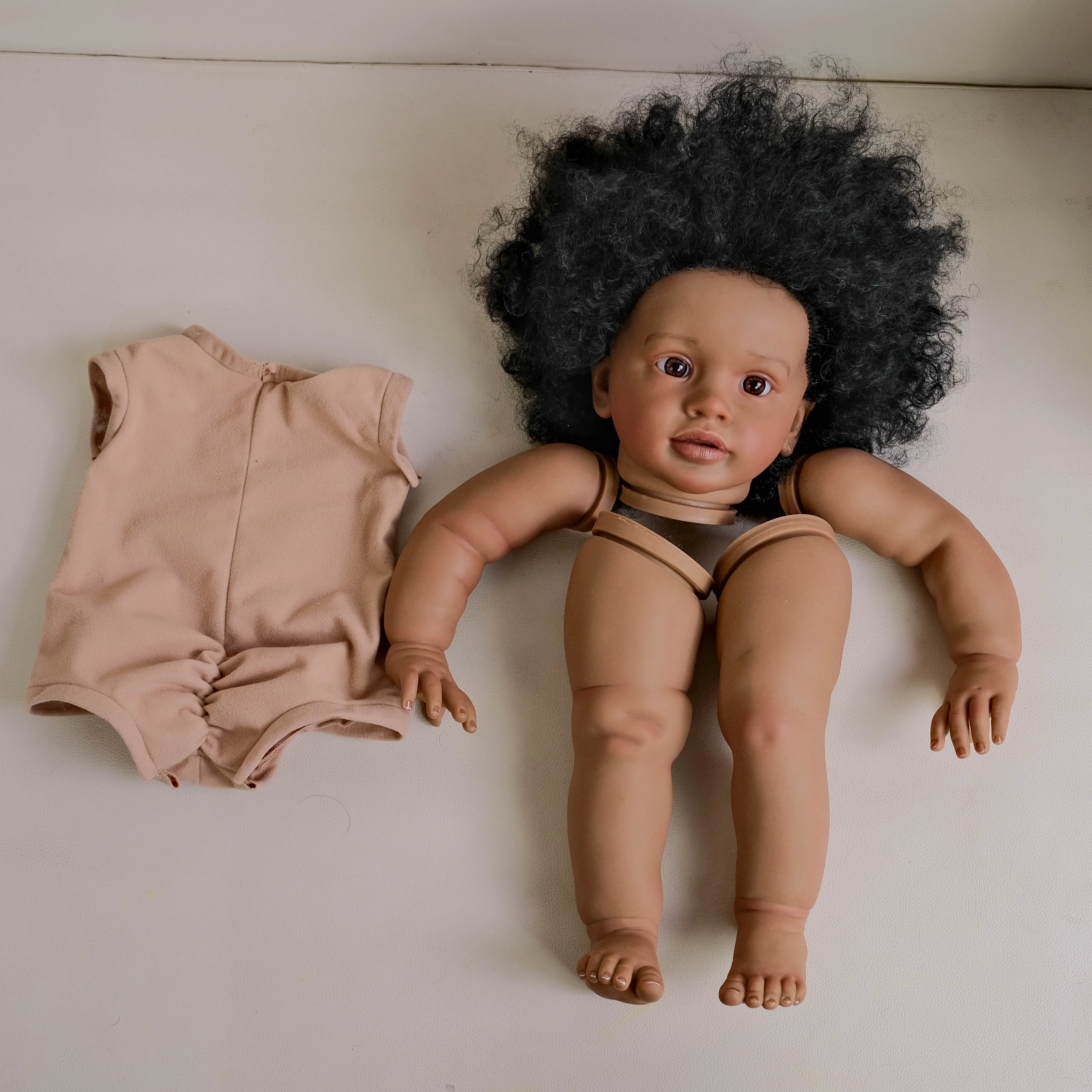 NPK 26-inch Pippa Unfinished Reborn Doll Kit Dark Brown Skin Lifelike DIY Toy Doll Parts with Curly Hair Painted
