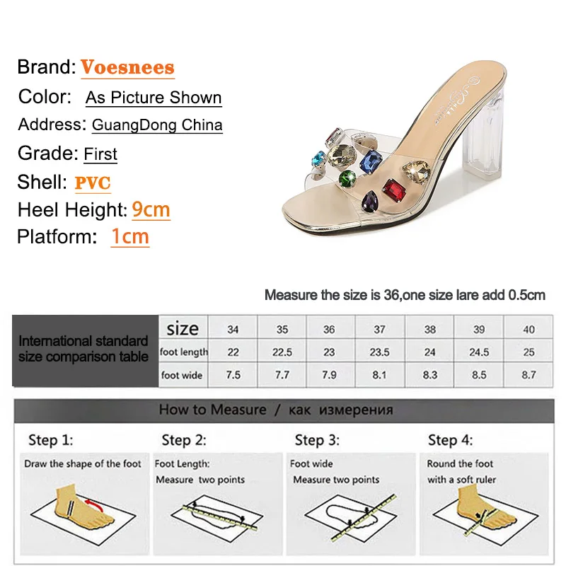 Summer Outside Fashion Color Diamonds Women Slippers Summer Sexy Transparent PVC Sandals  9CM Crystal Square Toe High Heel Heels