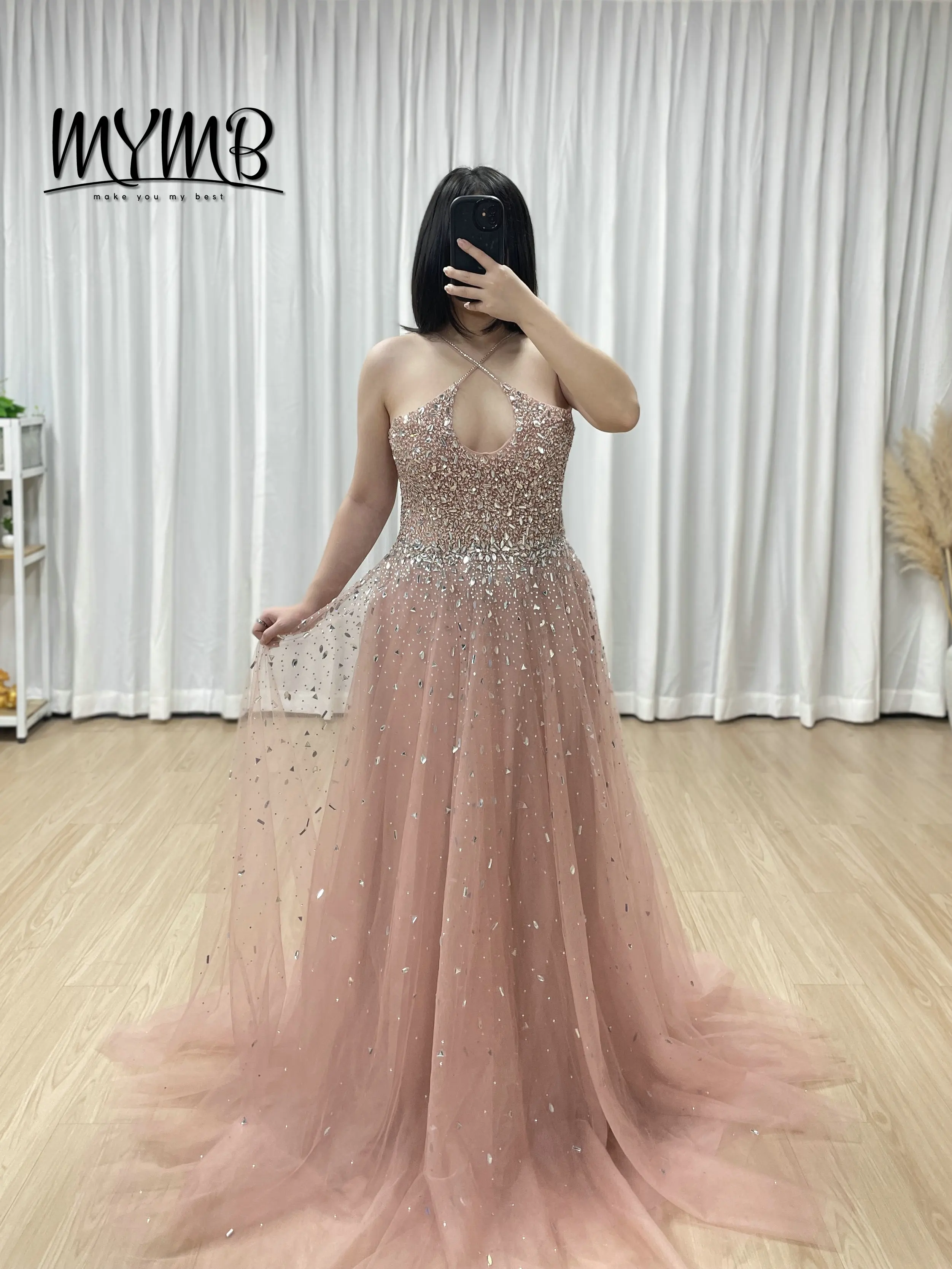 MYMB Elegant Sparkly pink Evening Dresses With Keyhole Bodice Crystal Embellishment Long Flowing Train for Prom Events MB40317-2