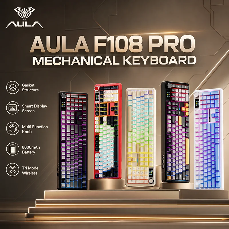 AULA F108 PRO Mechanical Keyboard 8000mAh Tri Mode Wireless Bluetooth RGB Gasket Smart Display Knob Hot Swappable Gamer Keyboard