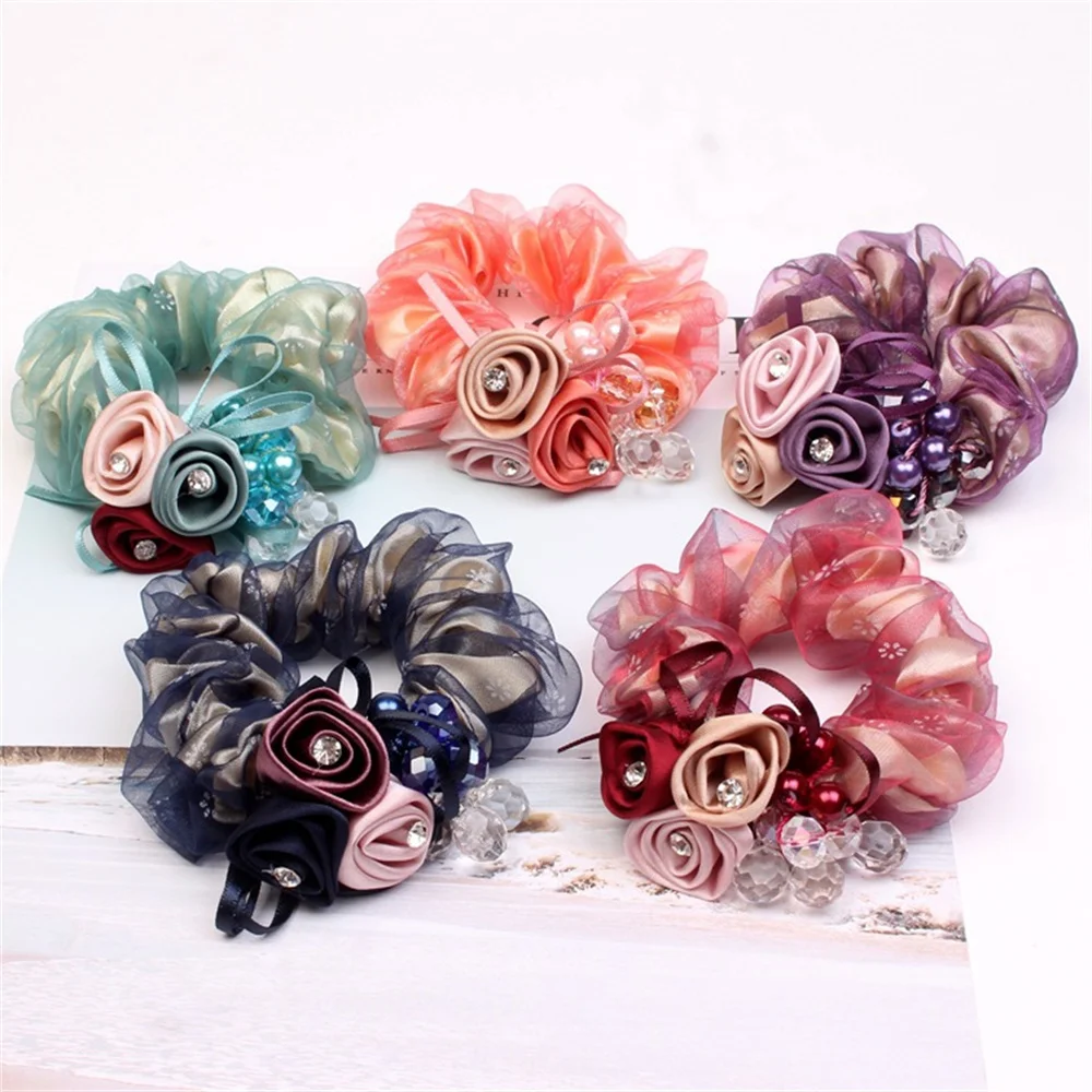 Fashion Silk Ribbon Rose Flower Hairband Imitation Crystal Rhinestones Scrunchies for Women Girls Ponytail Hair Accessories Gift