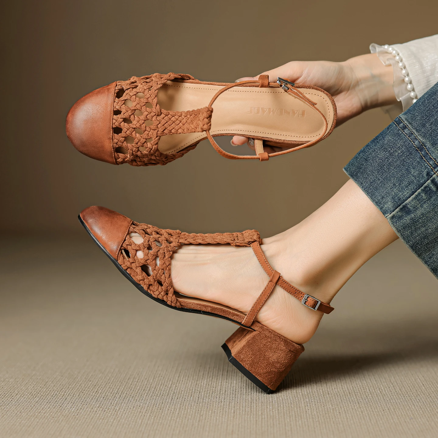 2026 new summer women sandals natural leather 22-25cm washed sheepskin+cowhide+pigskin round toe ankle buckle women shoes