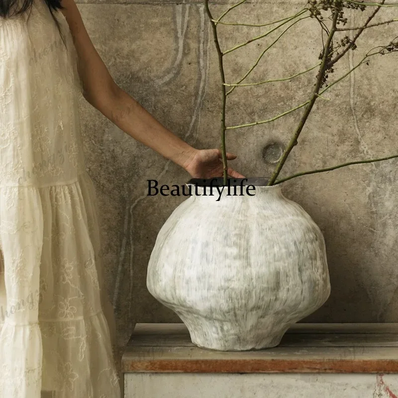 Handmade large ceramic pot Zen dried flower ornament living room flower arrangement decoration retro vase