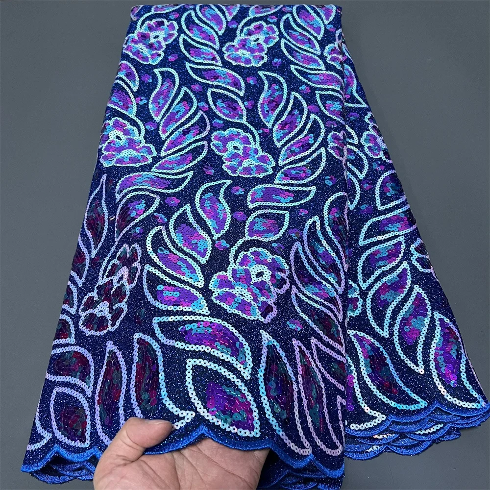 

2025 High Quality African Nigerian Sequins Embroidery Tulle Lace Fabric Beads Stone Prom Dresses Sewing Guipure 5 Yards ZJ089