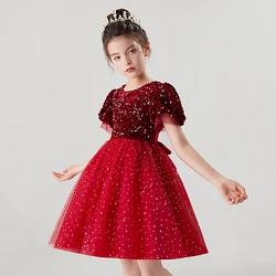 Jupe de Noël à paillettes pour filles, robe de princesse, manches courtes, maille bouffante menstruelle, manches à bulles, rouge, vert, 045