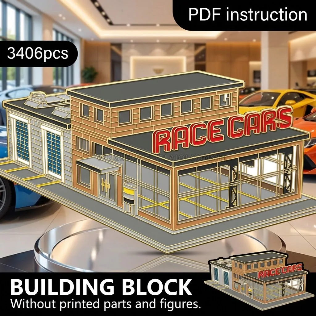 

Modern Car Dealership Showroom Service Garage Architecture MOC Block Model with Glass Facade