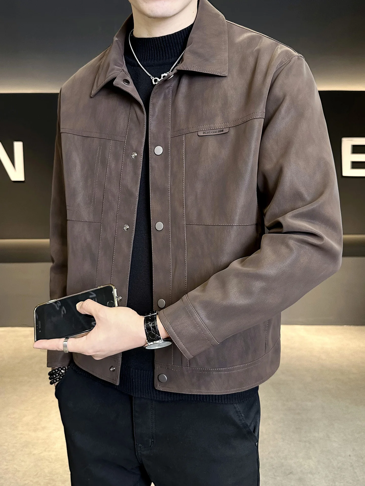 

Мужская замшевая куртка: повседневная, модная, весенне-осенне-зимняя, на флисовой подкладке, кожаное пальто, приталенный крой, ветрозащитная