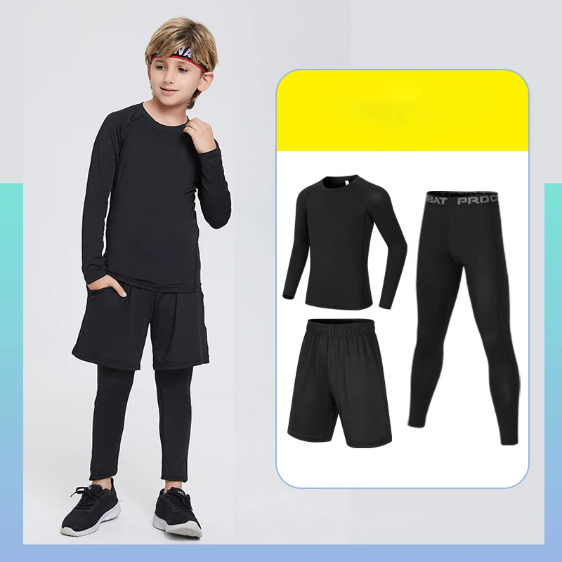 

Sports Wear for Kids Boys Teenager Black Compression Long Sleeve Top Leggings with Shorts 3 Piece Suits Fitness Running Training