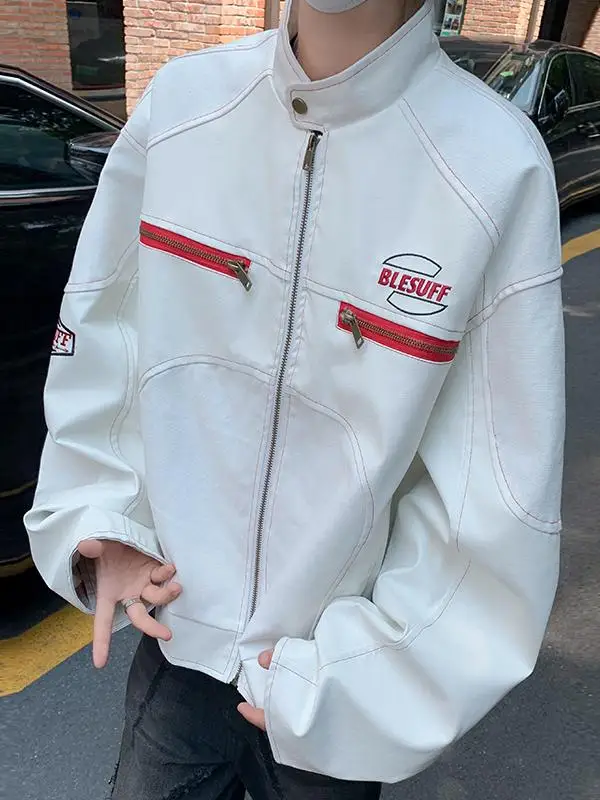 

Loose American High Street Motorcycle Leather Jaet Stand Collar Men's Outerwear Trendy Brand Autumn Winter Flight Suit Ja...