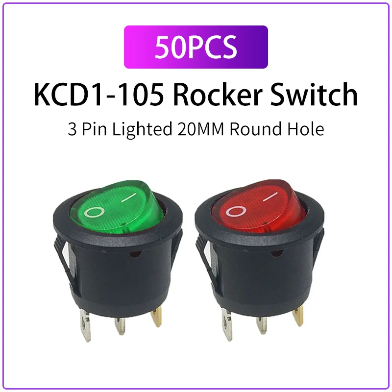50PCS KCD1-105 Round Rocker Switch 3 Pin Lighted 20MM Mount Hole 2 Position Red Green Boat Switch