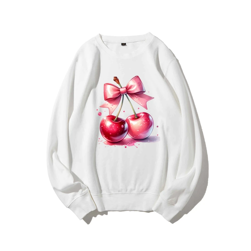 y2k Woman Clothing Cutecore Cherry Print Sweatshirts Autumn Winter Pure Cotton White Hoodie Brand Luxury Fashion Long Sleeve Top