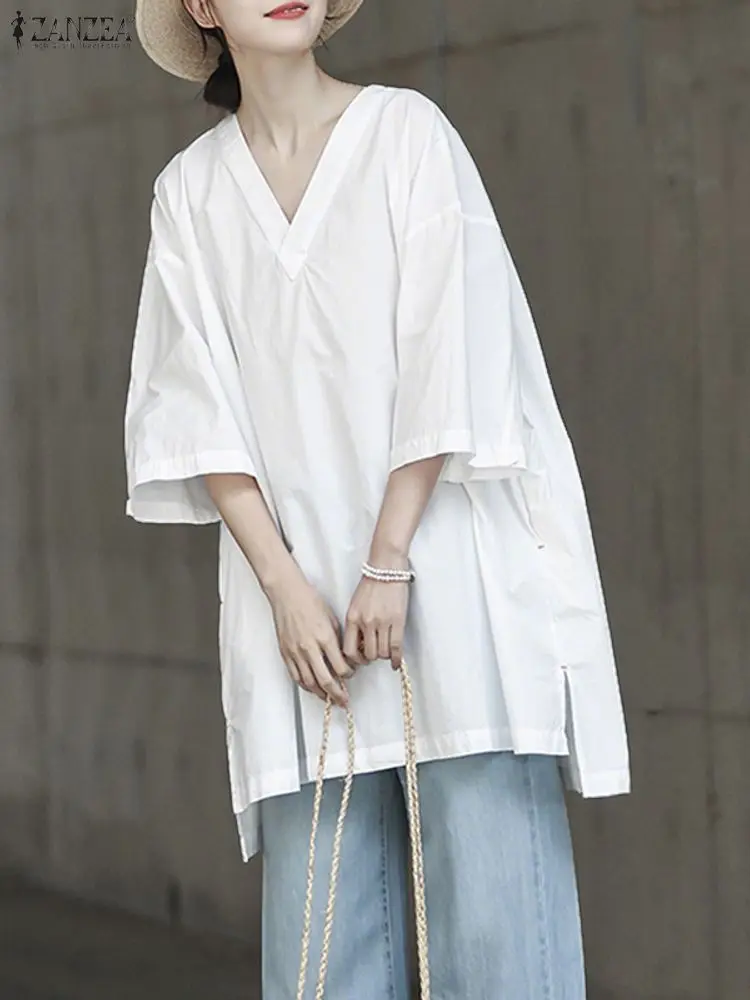 เสื้อผู้หญิงทรงหลวม ZANZEA รุ่นปี 2025 สำหรับฤดูใบไม้ร่วง คอวี แขน 3/4 เสื้อเบลาส์ลำลอง สีพื้น เนื้อผ้าบางเบา เสื้อทำงานผู้หญิงทรงโอเวอร์ไซส์