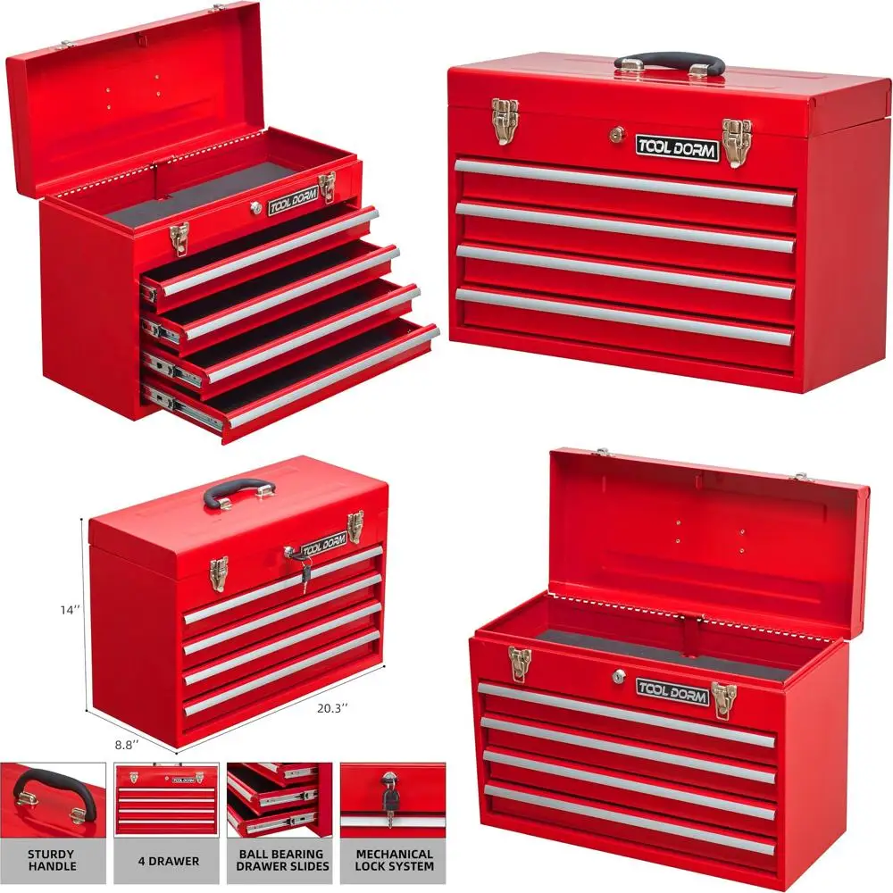 

Portable 4-Drawer Steel Tool Chest with Cylinder Lock, Red Powder Coating for Garage, Warehouse, and Outdoor Repairs