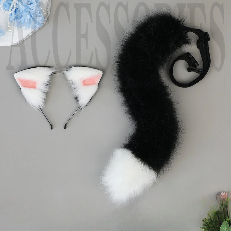 New 2Pcs/set Furry Beast Ears Headwear Fluffy Animal Fox Tail Halloween Party Cosplay Accessories Handmade Lolita Anime Costumes