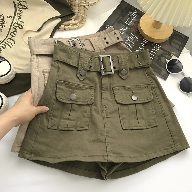สไตล์เกาหลีแฟชั่นอเนกประสงค์ A-Line สะโพกออกแบบแพคเกจสีทึบเข็มขัดเอวสูง Sensible DENIM กระโปรงมินิเดรสฤดูร้อน