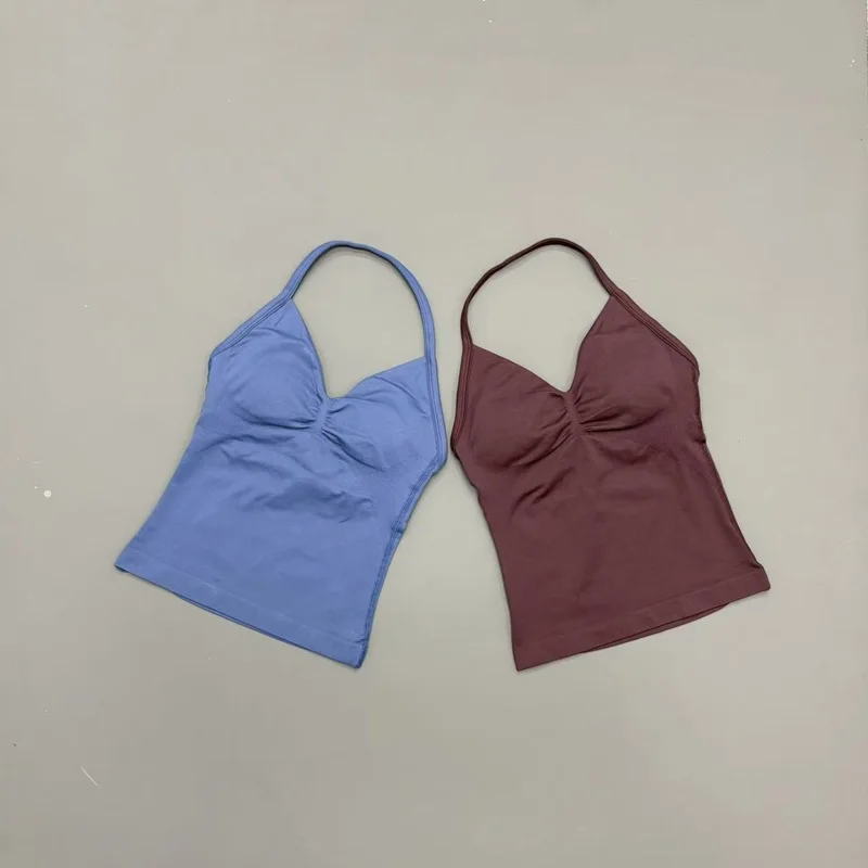Gym Women Sports Tank Top Seamles Halter Spaghetti Strap Removable Bra Pads Brave Quick Dry Running Fitness Yoga Workout Apparel image 6