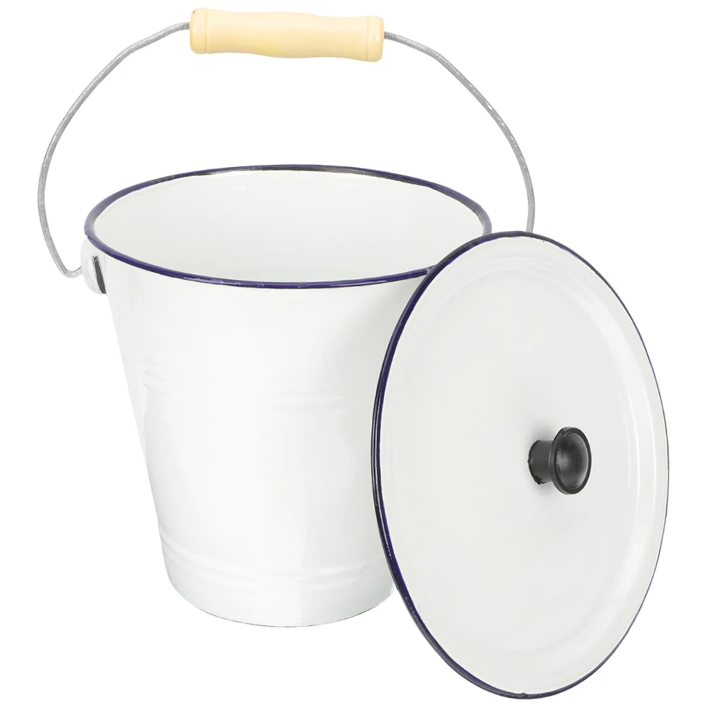 

Trash Can with Lid Enamel Bucket Household Cleaning Water Ice Vintage Storage White Metal Pail