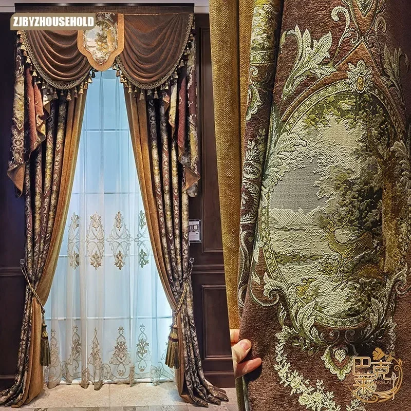 

European Style Customized Curtains for Living Dining Room Bedroom Luxurious Coffee Colored Chenille American Style Villa French