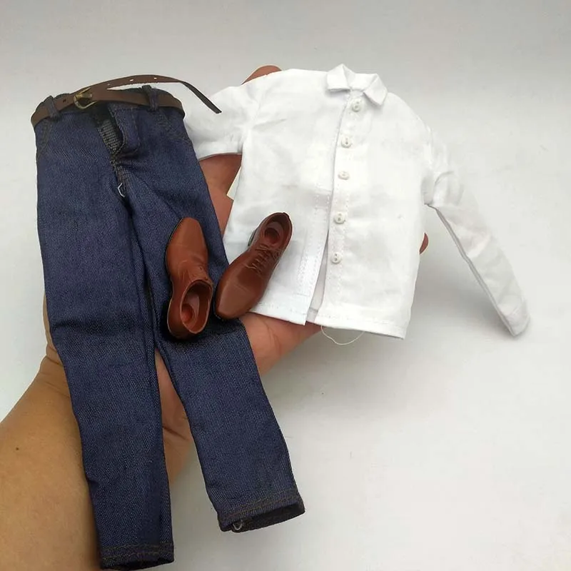 

1/6 Scale Male Soldier White Shirt +Blue Jeans +Brown Leather Shoes Set Model for 12in Thin Narrow Body Action Figure Toys