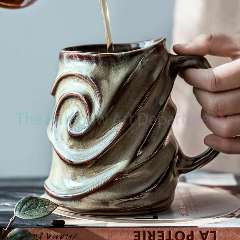 High appearance level embossed mug Creative personality trend fashion ceramic cup large capacity cup retro aesthetics