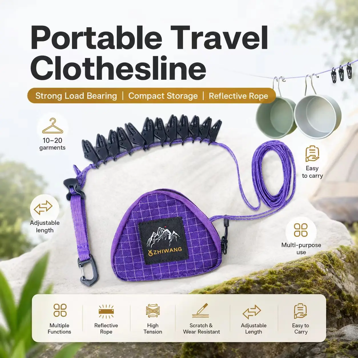 Outdoor Camping Clothesline with Strong Grip Clips Reflective Adjustable Laundry Rope for Dorm Hotel Storage Pouch Included