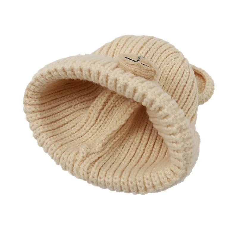 Herbst- und Wintermütze im koreanischen Stil für Frauen, Bärenohren, süße und niedliche vielseitige Wollstrickmütze, Gehörschutz, warme kalte Mütze – Detail 5