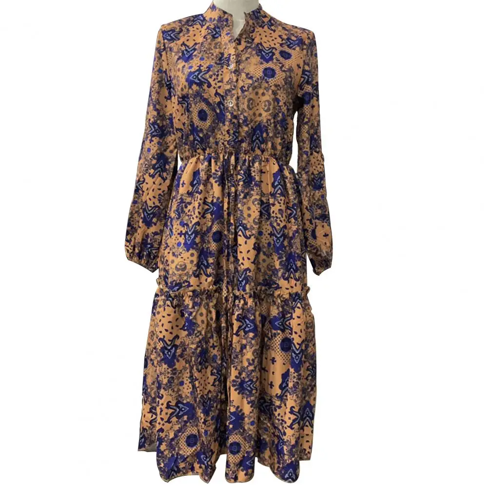 Vestido Midi de manga larga con botones y cuello levantado para mujer, Vestido de playa de media tapeta con cordón, dobladillo con volantes irregulares, estampado Floral, otoño