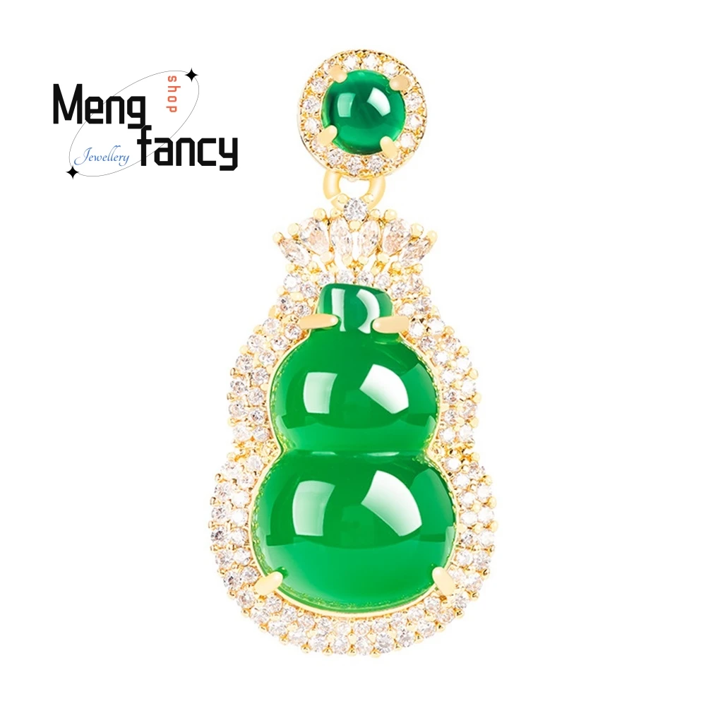 Authentic Natural Green Agate Calabash Copper Gold Plated With Ice Jade Pendant Women's Necklace Fashion Pendant Fine Jewelry