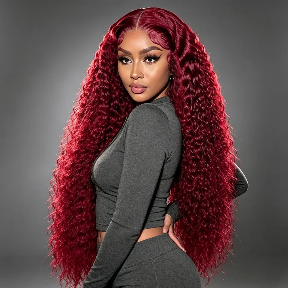 30 40 Inch 99J Burgundy 13x4 Deep Wave Lace Frontal Wig Curly Water Wave 13x6 HD Lace Front Human Hair Wigs Pre Plucked 200% Density