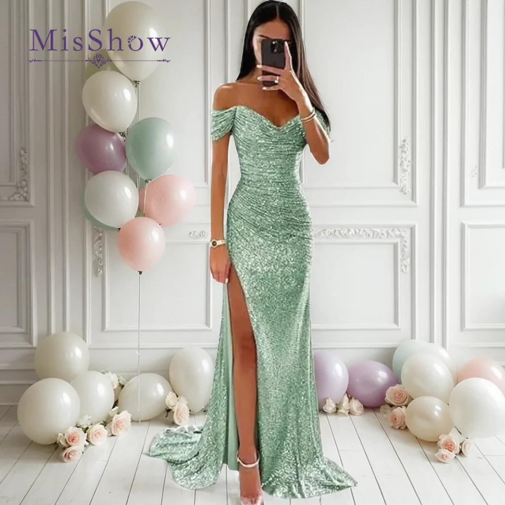 MisShow Sparkly Off Shoulder Mermaid Prom Dresses for Women Long Bodycon Sequin Gowns Glitter Maxi Evening Party Gowns with Slit