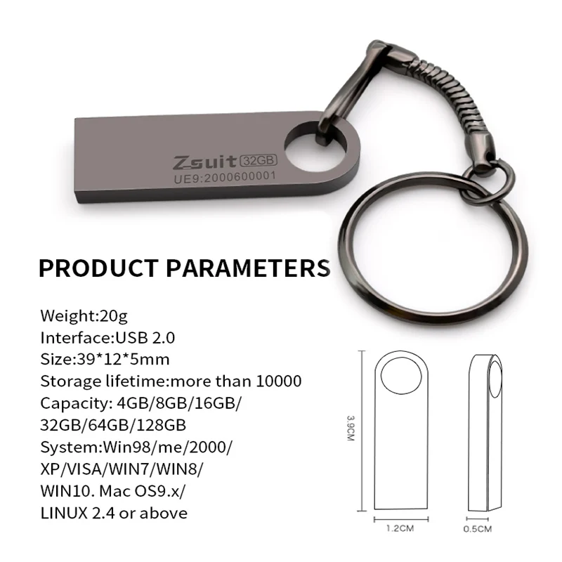 ZSUIT USB 스틱 펜 드라이브 서스펜션 드라이브, 금속 USB 플래시 드라이브, 노트북 USB U 디스크 2.0, 32GB, 64GB, 128GB 메모리 스틱