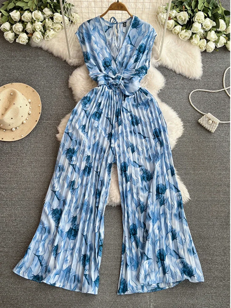 Sexy V-neck Sleeveless Waist Slimming Printed Jumpsuit for Women's Summer Fashion Temperament Wide Leg Long Pants Jumpsuit A68