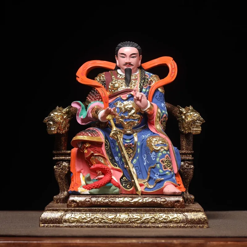 Hinoki Wood Carved Xuan Tian Emperor Statue - Hand-painted & Gilded Taoist Deity Dark Warrior General Figurine