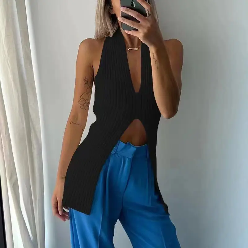 

Sexy Backless Knitted Vest for Women Spring Elegant Fashion Outerwear Slit and Exposed Navel Tank Top Solid Sleeveless Long Tops