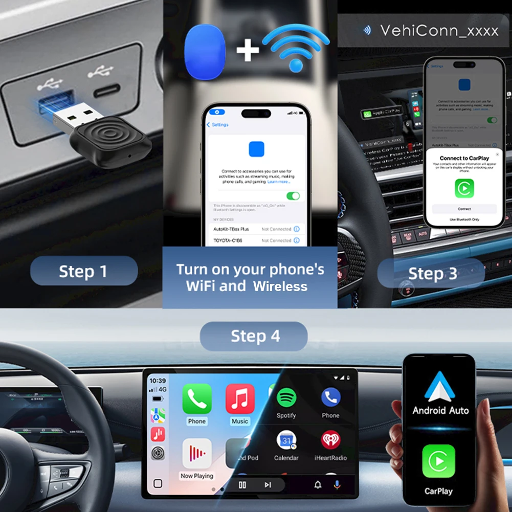 2 في 1 سلكي إلى محول لاسلكي لاسلكي أندرويد أوتوماتيكي صغير لاسلكي CarPlay AI Box USB دونغل لهاتف iPhone Android للجميع